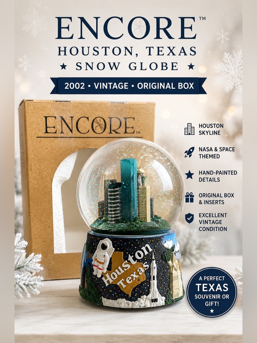Vintage 2002 Encore Houston Texas Souvenir Snow Globe Original Box NASA Skyline